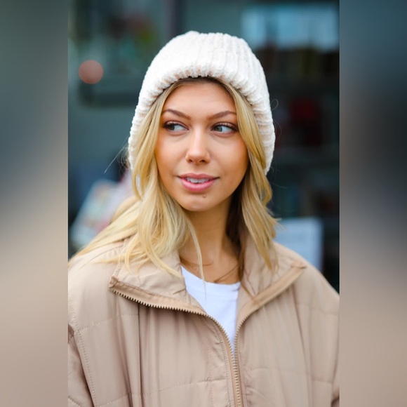 Cream Knit Velvet Chenille Fold Over Beanie - Picture 5 of 7